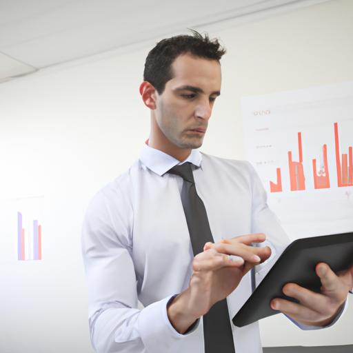 Sales manager analyzing sales data through CRM software on tablet device